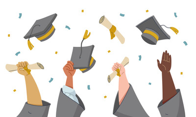 Students hands holding and throwing graduation caps and diplomas flat cartoon vector illustration