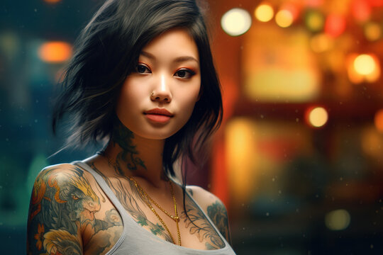 Portrait of a young Asian woman with a tattoo on her shoulder standing on a city street in the evening. 
