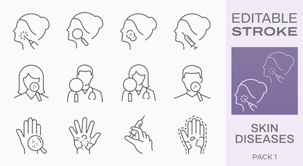 Skin diseases icons, such as acne, eczema, psoriasis, sunburn and more. Editable stroke.