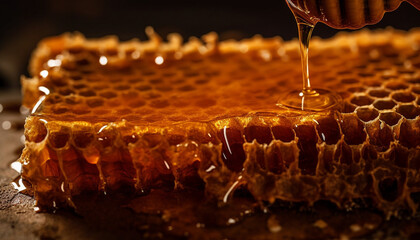 Busy honey bees working in hexagonal cells generated by AI