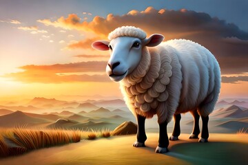 Cheerful 3D Render of a Joyful Sheep Embracing the Celebration of Eid ul Adha, Sheep on the hill