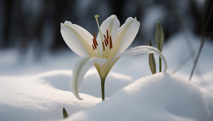 Single crocus blossom in winter frozen forest generated by AI