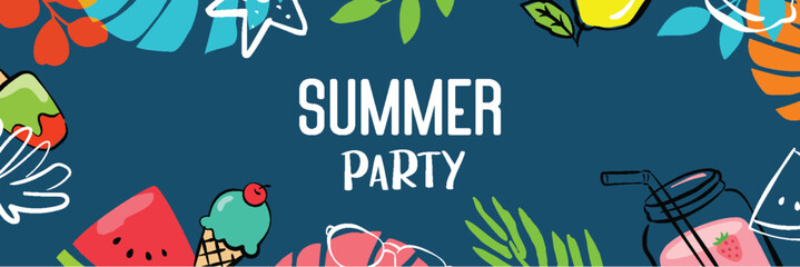 Summer party poster with plants and leaf decoration background.