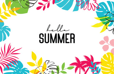 Fototapeta na wymiar Hello summer tropical with plants and leaf decoration on background.