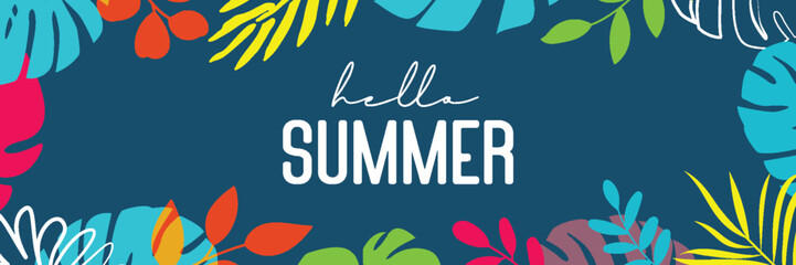 Hello summer tropical with plants and leaf decoration on background.