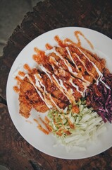 food usually sold in cafes, street food or restaurants, made from meat, vegetables, fried or boiled or baked
