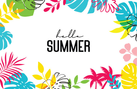 Hello summer tropical with plants and leaf decoration on background.