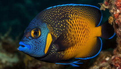 Fototapeta na wymiar Striped clown fish swims in vibrant coral reef generated by AI