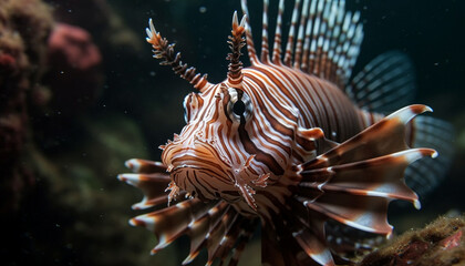 Naklejka na ściany i meble Vibrant striped lionfish swims in tropical reef generated by AI