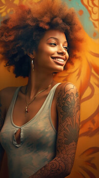 Portrait of a young afro woman with a tattoo on her body standing on a city street in the evening. Generative AI