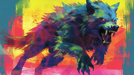 Generative AI, Shadowy Silhouette a werewolf against a colorful, vibrant background