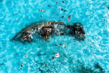 People snorkelling around the ship wreck near Bahamas in the Caribbean sea. - obrazy, fototapety, plakaty