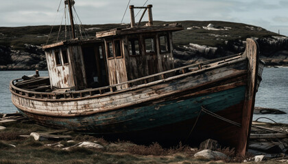 Abandoned fishing boat, broken and rusty wreck generated by AI
