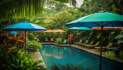 Obraz na płótnie Canvas Idyllic palm tree resort offers ultimate relaxation generated by AI