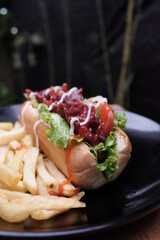 food usually sold in cafes, street food or restaurants, made from meat, vegetables, fried or boiled or baked
