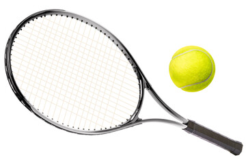 Sport equipment ,Pink Tennis racket and Yellow Tennis ball sports equipment isolated On White background PNG File.