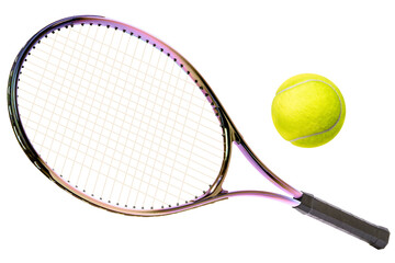 Sport equipment ,Rainbow Tennis racket and Yellow Tennis ball sports equipment isolated On White background PNG File..