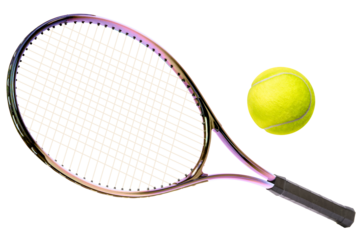 Sport equipment ,Rainbow Tennis racket and Yellow Tennis ball sports equipment isolated On White background PNG File..
