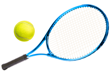 Sport equipment ,Blue Tennis racket and Yellow Tennis ball sports equipment isolated On White background PNG File.