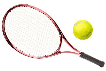 Sport equipment ,Red Tennis racket and Yellow Tennis ball sports equipment isolated On White...