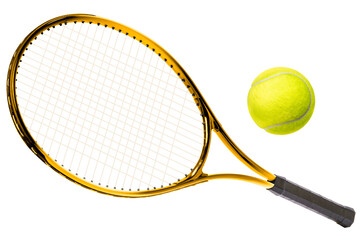 Sport equipment ,Golden Tennis racket and Yellow Tennis ball sports equipment isolated On White background PNG File.