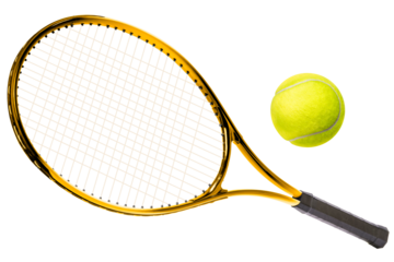 Sport equipment ,Golden Tennis racket and Yellow Tennis ball sports equipment isolated On White background PNG File.