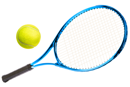 Sport equipment ,Blue Tennis racket and Yellow Tennis ball sports equipment isolated On White background PNG File.