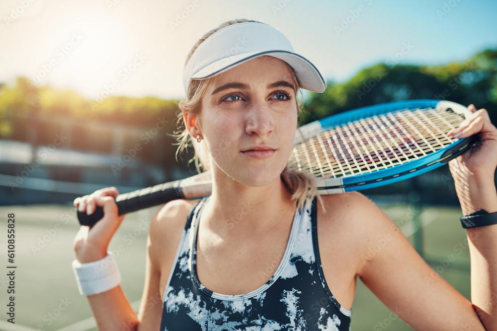 Canvas Prints tennis, court and woman thinking outdoor for fitness, training or cardio routine on blurred backgrou