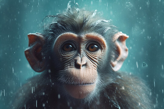 Portrait eines Affengesichts im Regen