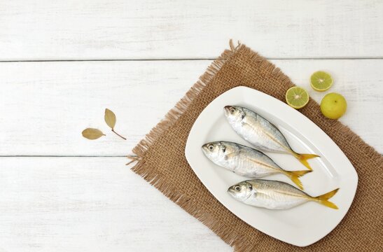Atule mate,fresh mediterranean fish, on a white table, Yellowtail Scad,background image, background