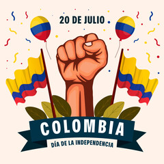 20 de julio colombia independence day illustration with hands, balloons, Colombian flags