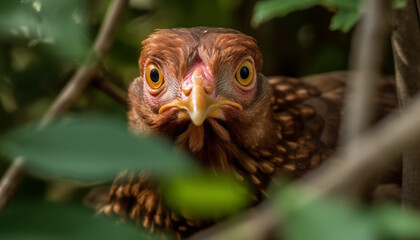 Fototapeta premium Cute young chicken looking at camera outdoors generated by AI