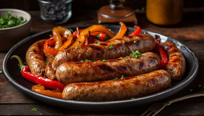 Grilled pork, beef, bratwurst, cooked on barbecue generated by AI