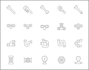 Simple Set of plumbing Related Vector Line Icons. Vector collection of traps, drains, taps, hand tools, vise, pipe, connector, valve and design elements symbols or logo element.