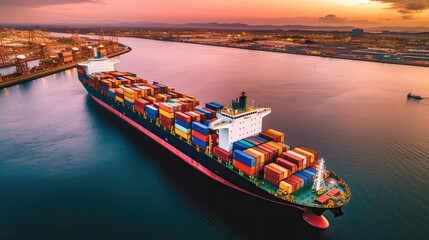 Aerial top view Container carrier ship and business logistic commercial intermodal freight transport in Cargo ship of international travel sea, Generative AI