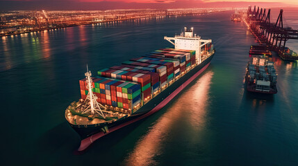 Fototapeta premium Aerial top view Container carrier ship and business logistic commercial intermodal freight transport in Cargo ship of international travel sea, Generative AI
