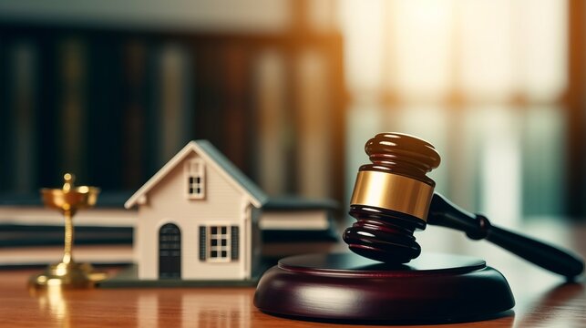 Judge auction and real estate concept. Gavel justice, hammer, and House model. Taxes and profits to invest in real estate and home buying.Concept of legal education. Generative AI
