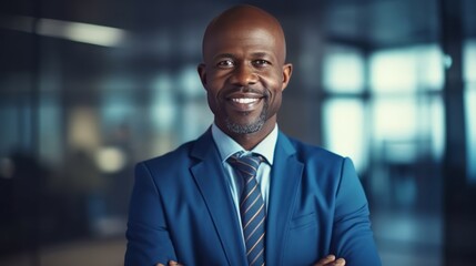 Fototapeta premium Confident Middle-Aged Black Business man CEO: Proud and Smiling Executive Manager in Blue Suit. African ethnic Businessman in Blue Suit. Generative AI.