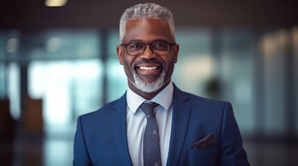 Confident Middle-Aged Black Business man CEO: Proud and Smiling Executive Manager in Blue Suit. African ethnic Businessman in Blue Suit. Generative AI.