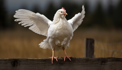 Spread wings of rooster in rural scene generated by AI