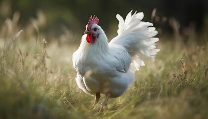 Fototapeta premium Free range rooster grazes on green meadow generated by AI