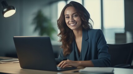 Productive Work in Corporate Office: Young Businesswoman Using Laptop and Engaging in Online Learning. Generative AI.