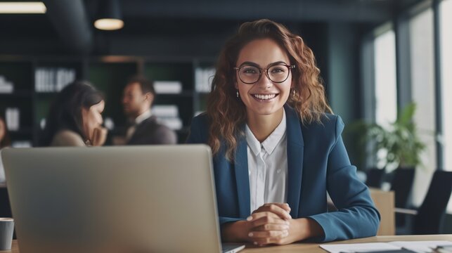 Productive Work In Corporate Office: Young Businesswoman Using Laptop And Engaging In Online Learning. Generative AI.