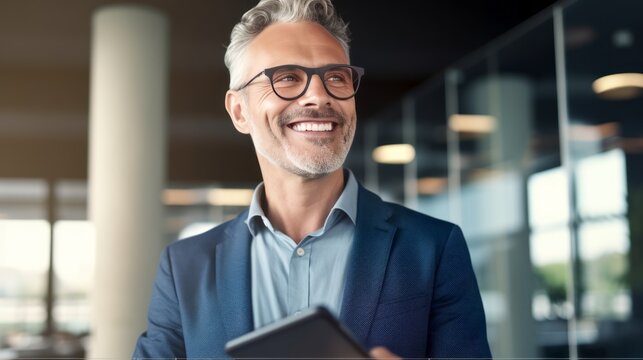 Happy Middle Aged Business Man Ceo Wearing Suit Standing In Office Using Digital Tablet. Smiling Mature Businessman Professional Executive Manager Looking Away. Generative AI.