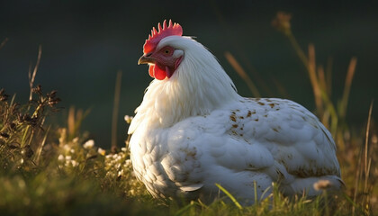 Free range rooster grazing in green meadow generated by AI