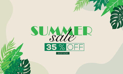 leaves summer sale 35% off banner, summer sale 35% off template banner, summer sale leaf banner background