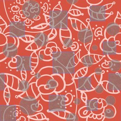 Seamless pattern of geometric shapes with a translucent texture and a floral pattern on a red background for textile.