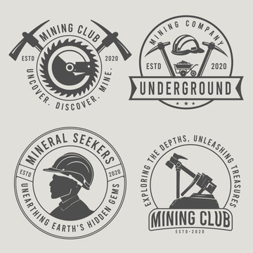 Set of the vintage underground mining company logos, emblems, badges, and design elements. Vector illustration