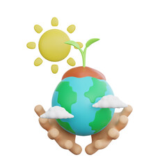 3d render of hand holding earth growing plant ecology concept