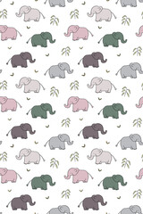 Seamless Pattern of Hand Drawn Elephant and Leaf Design on White Background